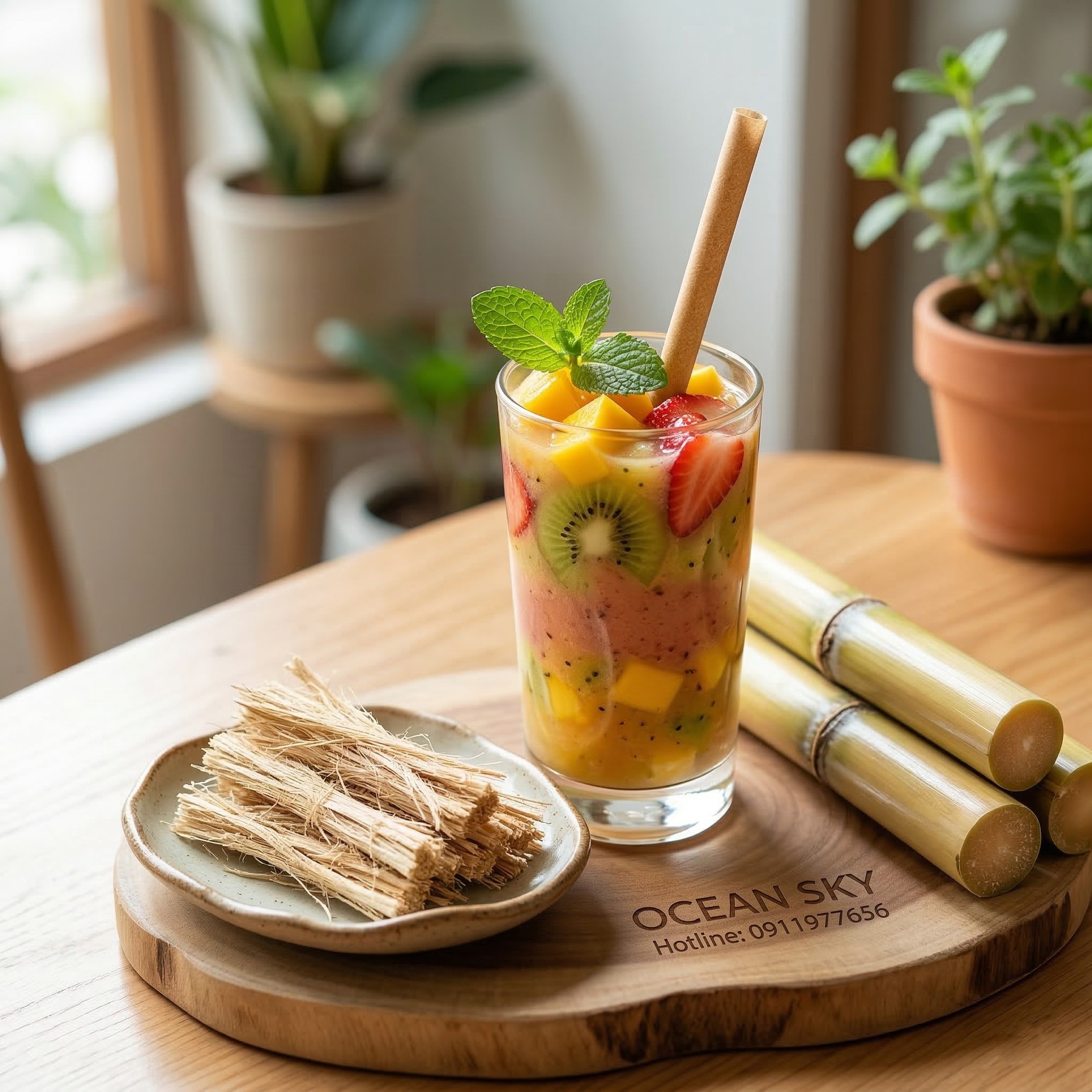 Ống h&uacute;t b&atilde; m&iacute;a OCEAN SKY cắm trong ly sinh tố hoa quả tươi.