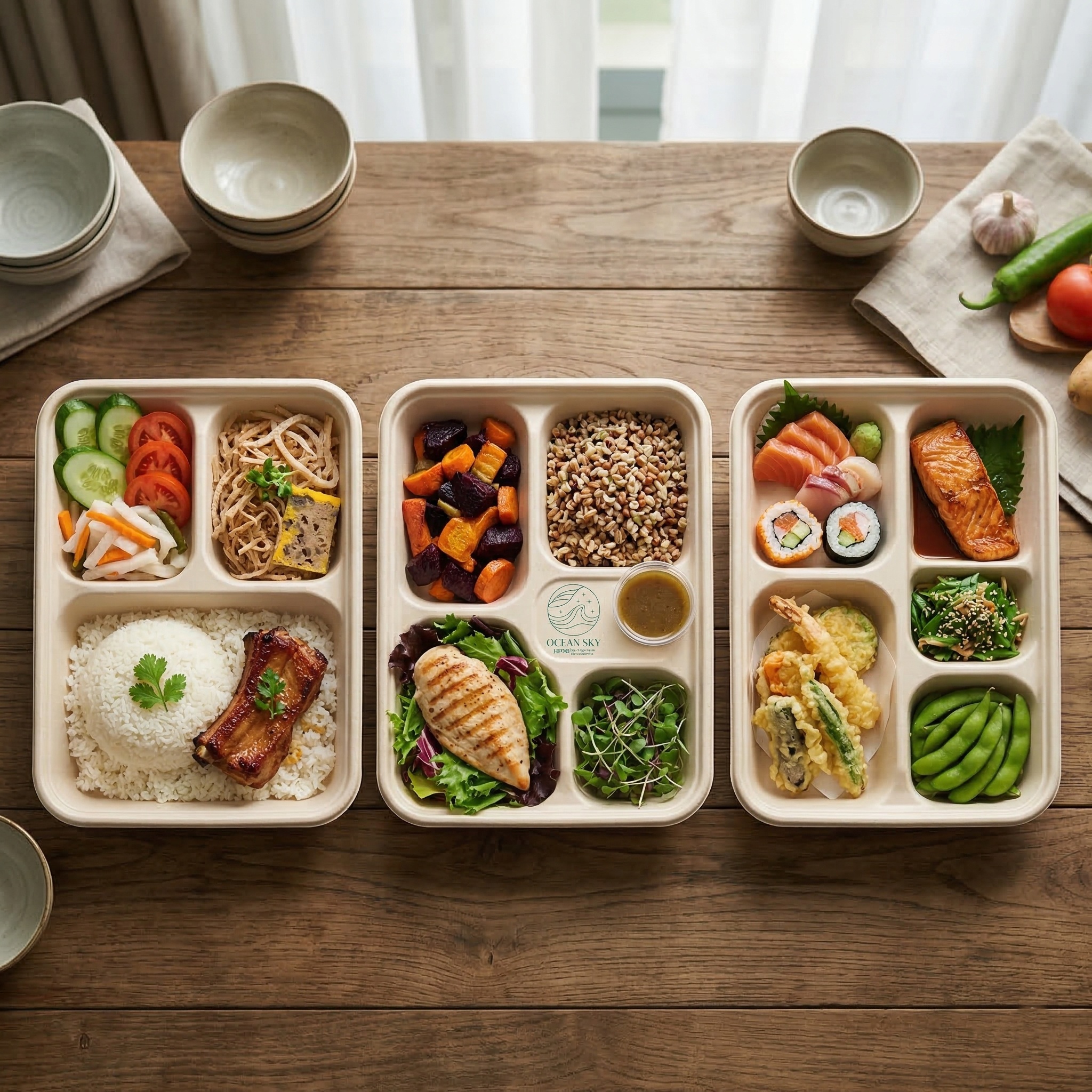 Bộ sưu tập hộp b&atilde; m&iacute;a Ocean Sky gồm c&aacute;c loại hộp 3 ngăn, 4 ngăn v&agrave; 5 ngăn đựng thực đơn đa dạng như cơm tấm, salad healthy v&agrave; bento Nhật Bản tr&ecirc;n nền gỗ sang trọng.