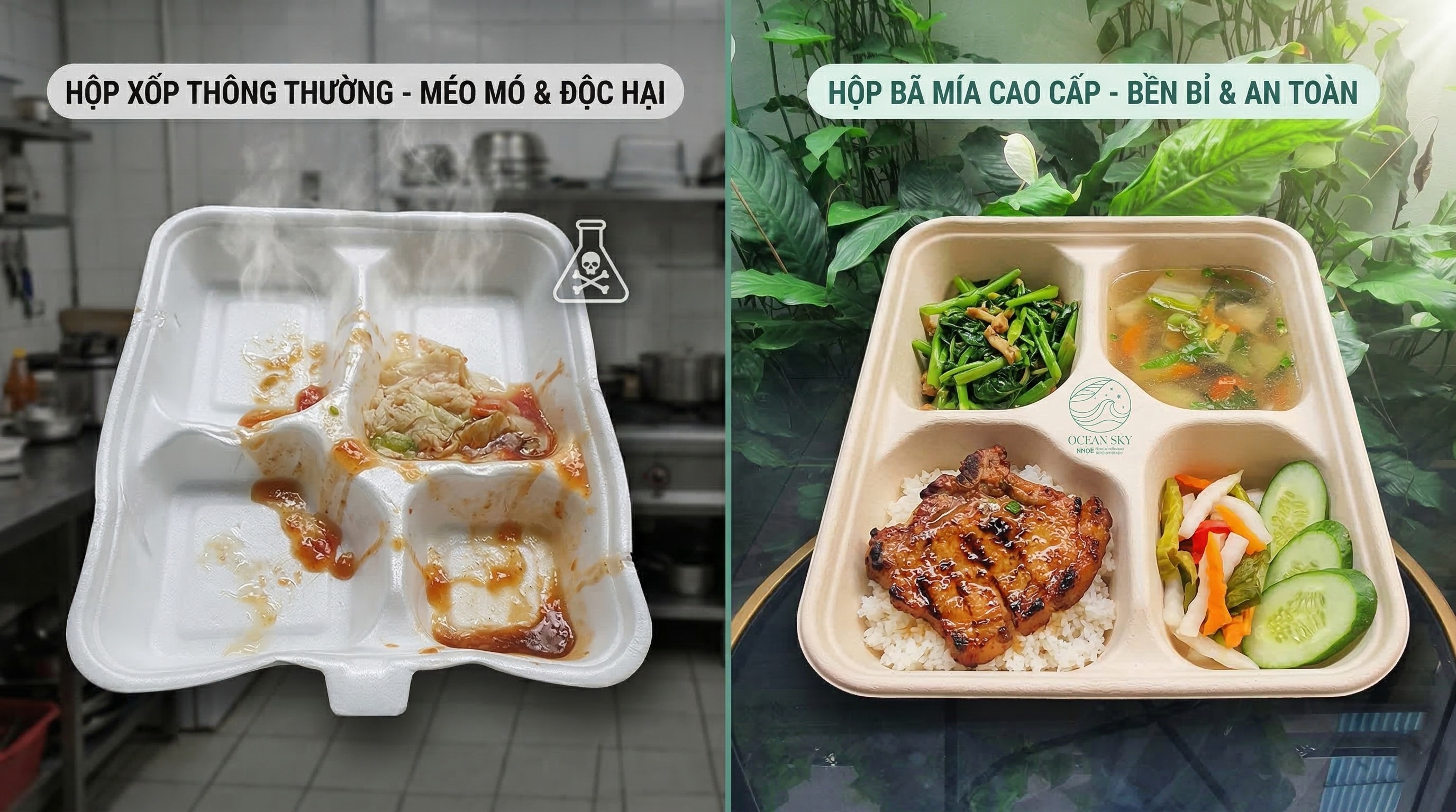 H&igrave;nh ảnh so s&aacute;nh sự kh&aacute;c biệt giữa hộp xốp nhựa độc hại bị m&eacute;o m&oacute; do nhiệt v&agrave; hộp b&atilde; m&iacute;a 4 ngăn cao cấp Ocean Sky đựng cơm sườn bền bỉ, an to&agrave;n cho sức khỏe.