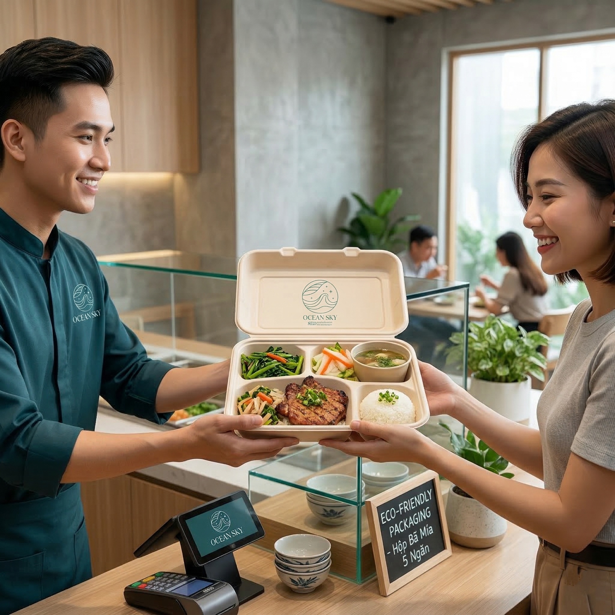Nhân viên quán ăn trao hộp bã mía 5 ngăn in logo Ocean Sky đựng đầy ắp cơm sườn và rau xanh cho khách hàng đang mỉm cười hài lòng tại không gian quán hiện đại.