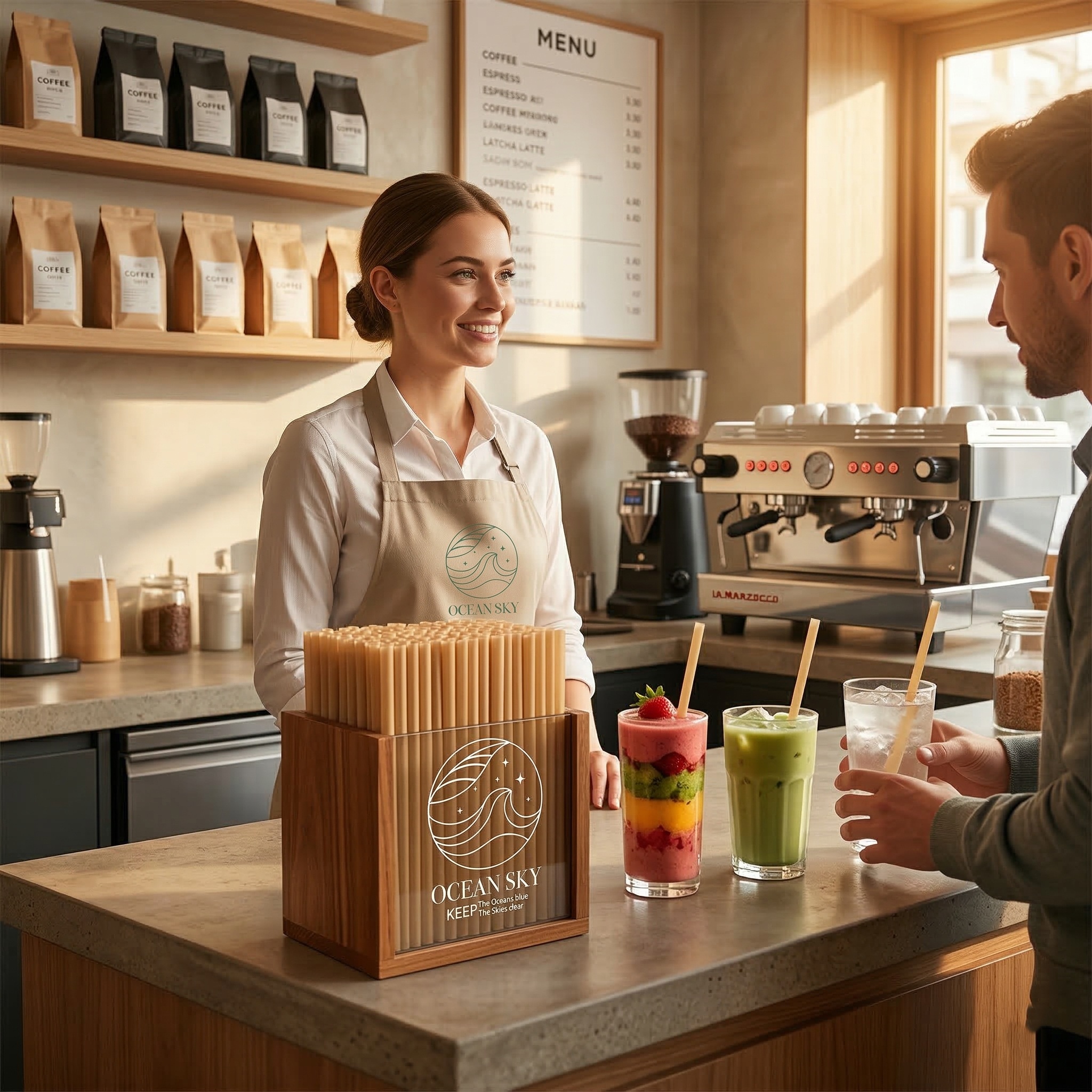 Quầy bar qu&aacute;n c&agrave; ph&ecirc; sử dụng ống h&uacute;t b&atilde; m&iacute;a OCEAN SKY.