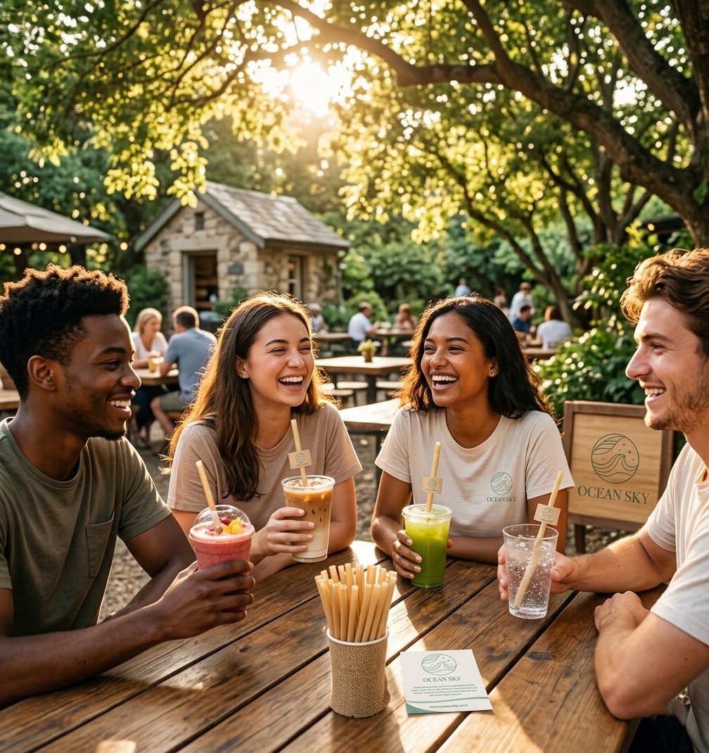 Nh&oacute;m bạn trẻ sử dụng ống h&uacute;t b&atilde; m&iacute;a OCEAN SKY.